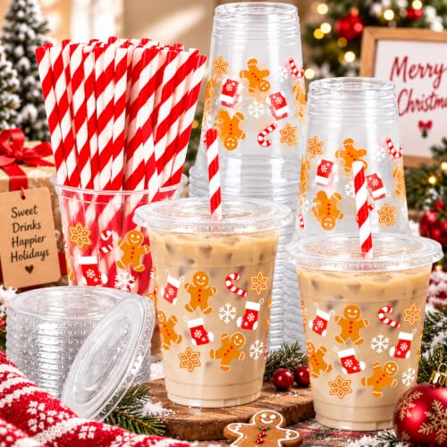 Christmas Plastic Cups with Lids & Straws - Gingerbread Man Design, 12oz, Pack of 50