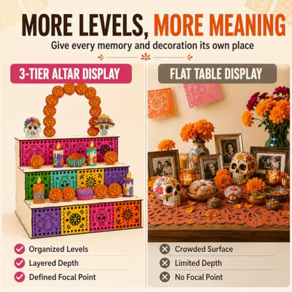 Day of the Dead Wooden Altar Display Set - Mexican Ofrenda Decoration, Orange Variation