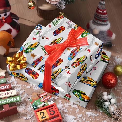 Race Car Christmas Wrapping Paper - White with Holiday Cars & Snowflakes - 4 Sheets, 28x40 Inches - Variation: White