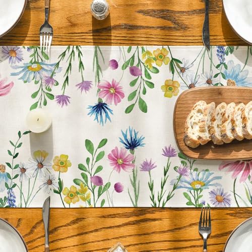 Artoid Mode Daisy Eucalyptus Spring Table Runner 13x120 Inch Beige Home Decor