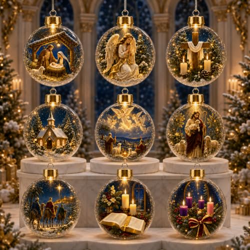 Lighted Christian Christmas Ornaments Set with Faith-Inspired Scenes - Variation B9