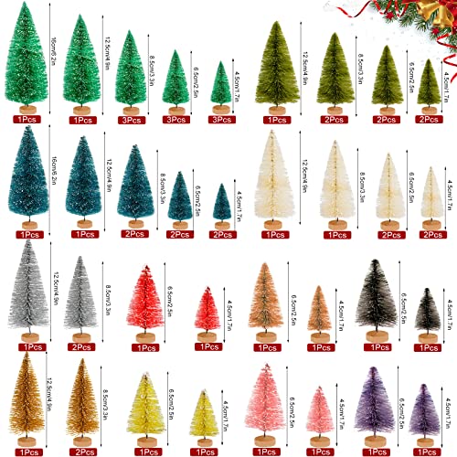 50 Pcs Mini Christmas Tree Set - MixColor Bottle Brush Trees with Wooden Bases