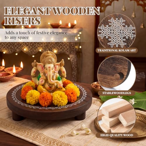 Diwali Wooden Pooja Stand Set - Round Risers with Kolam Design, 3 Pieces