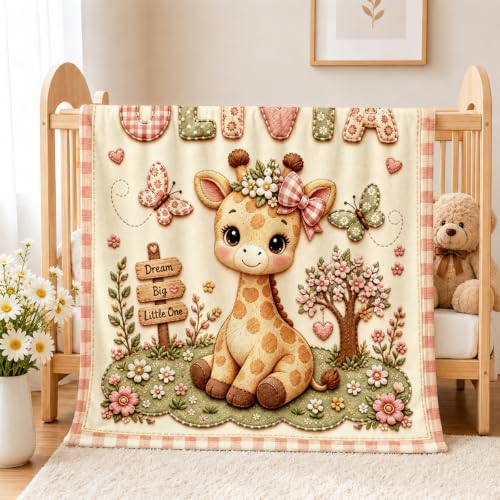 Personalized Baby Blanket with Name - Giraffe Design, Soft Plush, Custom Size