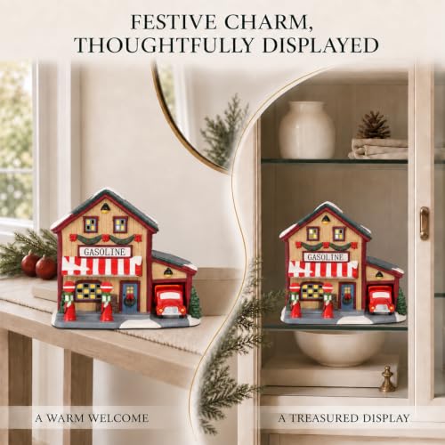 Christmas Village Houses Lighted Gas Station Ceramic Decor - Gasoline Variation