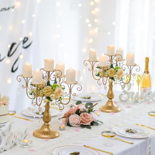2 Pcs Gold Candelabra Candle Holders with Crystal Beads - 5 Arm Pillar Centerpiece