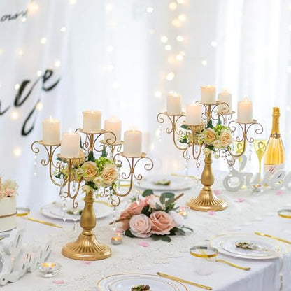 2 Pcs Gold Candelabra Candle Holders with Crystal Beads - 5 Arm Pillar Centerpiece