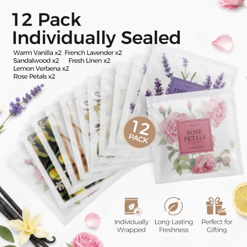 12 Pack Scented Sachets Assorted Fragrances for Small Spaces - Lavender, Vanilla, Lemon, Rose, Sandalwood, Linen - Double-Layer Leakproof Design