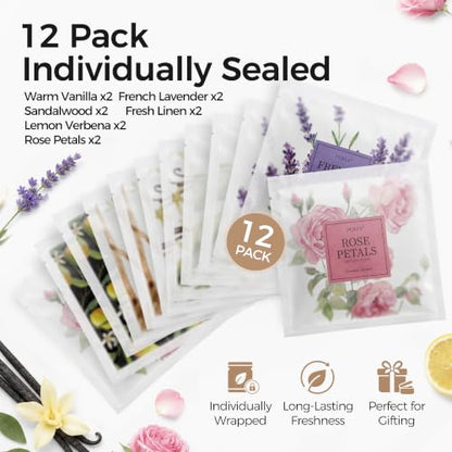 12 Pack Scented Sachets Assorted Fragrances for Small Spaces - Lavender, Vanilla, Lemon, Rose, Sandalwood, Linen - Double-Layer Leakproof Design
