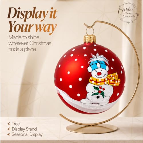 Hand Blown Glass Christmas Ornament Ball - Snowman & Mistletoe Red 3 Inch - Variation of Red / 80mm / 3inch