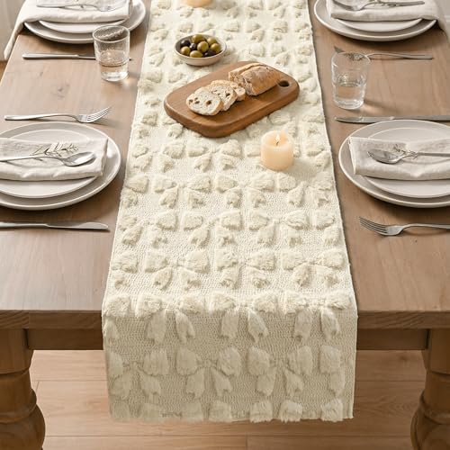 Beige Faux Fur Jacquard Bows Table Runner - 13x120 Inch Valentine Home Decor
