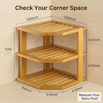 3-Tier Bamboo Corner Shelf for Kitchen Countertop and Cabinet Storage