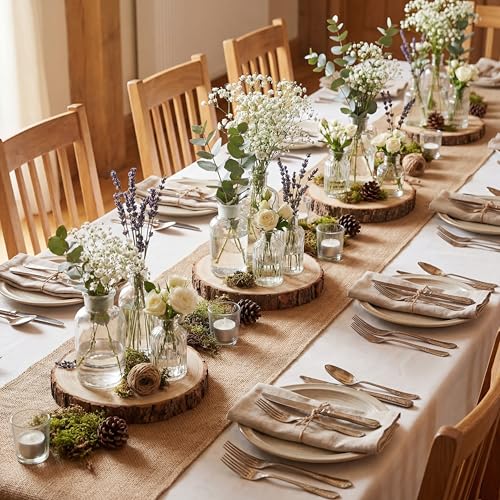 Tioncy Burlap Table Runner & Wood Slices Set - 50ft, 6 Pcs Natural Farmhouse Decor