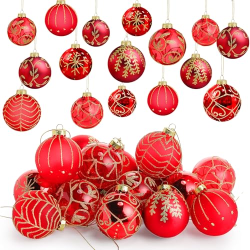 Liliful 24 Pack Red Glass Christmas Ornaments 2.36 Inch Winter Snowflake Design