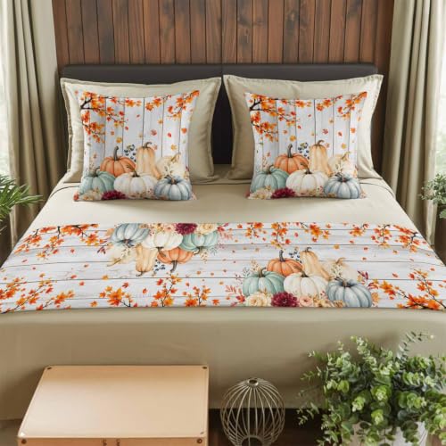 Fall Pumpkin and Maple Leaf Bed Runner Set with Matching Pillow Covers - Blue, Gray, Orange, White, 83x20 Inches
