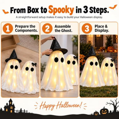 Halloween Light Up Ghosts Decoration Set - Indoor Spooky Tabletop Decor with String Lights