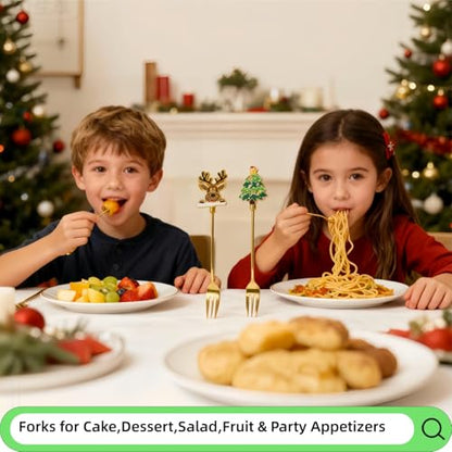 4 Pack Christmas Stainless Steel Forks Set - Gold 3-Tine Elegant Tableware for Holiday Dining
