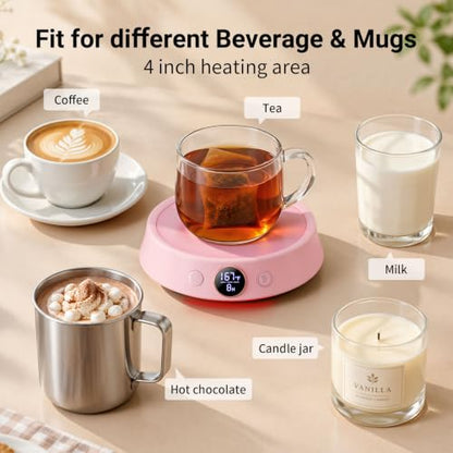 Pink Coffee Mug Warmer & Mug Set, Electric Desk Cup Warmer with Timer