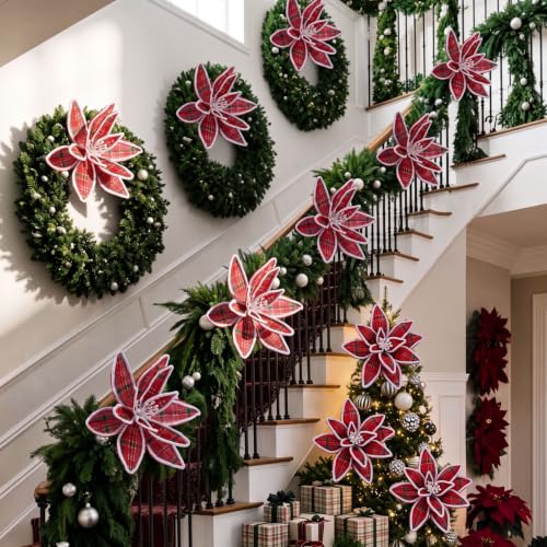 Red Plaid 12 Pcs 12'' Christmas Poinsettia Artificial Flowers - Flocked