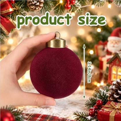 15 Pcs Velvet Christmas Balls - Burgundy Flocked Ornaments with Hanging Ropes, 3.15 Inch