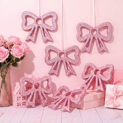 Large Pink Christmas Bow Ornaments Set - 12 Glitter Foam Decorations