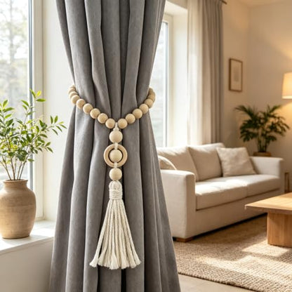 Wood Bead Magnetic Curtain Tiebacks Off White 2 Pack - Boho Farmhouse Decor
