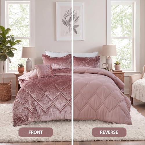 Queen Velvet Comforter Set with Diamond Quilting & Decorative Pillow - Blush
