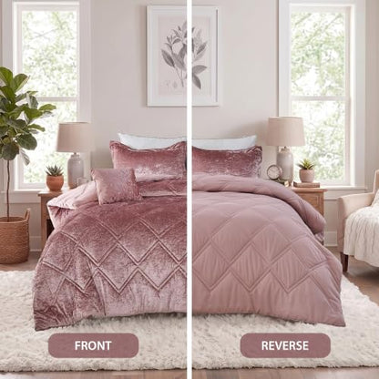 Queen Velvet Comforter Set with Diamond Quilting & Decorative Pillow - Blush
