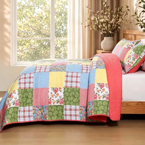 Queen Size Floral Patchwork Cotton Quilt Set with Pillow Shams - Red Yellow