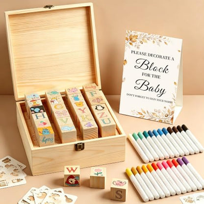Baby Shower Games Kit with Templates and Wooden Blocks - Gold & E+ Variation