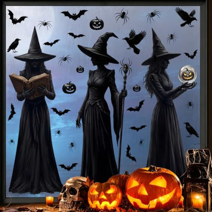 Halloween Witch Window Clings Set - Large 3 Sheets 49 Pieces, Reusable Decals