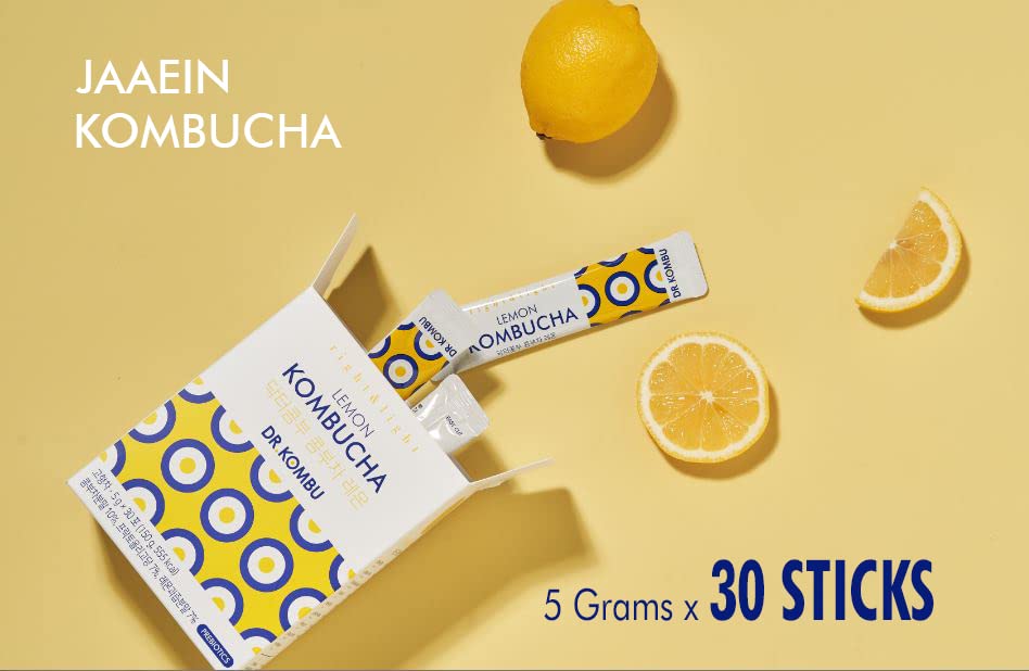 KOMBUCHA DRINK Lemon Kombucha Tea, 30 sticks x 5 grams, Zero Sugar, Health Ade, Sparkling Fermented Tea Powdered Mix, Live Probiotics & Prebiotics, Healthy Drinks, Product of Korea