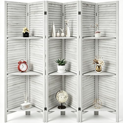 Room Divider with Shelves, 6 Panel Folding Privacy Screen – White, with 3 Shelves (Variation: White,6 Panel)