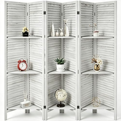 Room Divider with Shelves, 6 Panel Folding Privacy Screen – White, with 3 Shelves (Variation: White,6 Panel)