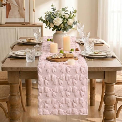Pink Faux Fur Jacquard Bows Table Runner 13x72 Inch Valentine Home Decor