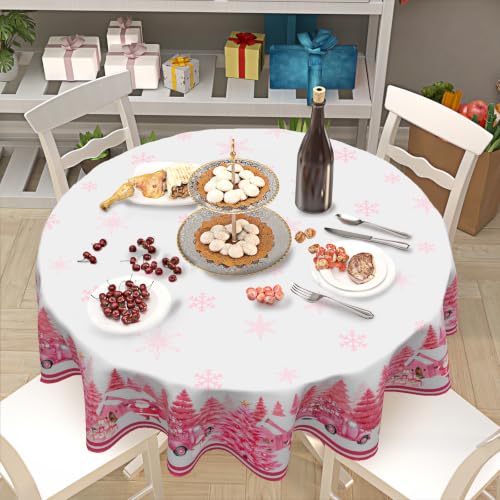 Christmas Forest Pink Round Tablecloth 60 Inch Xmas Trees Holiday Decor