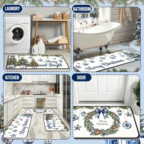 Christmas Kitchen Rugs Set - Blue White Chinoiserie Holiday Mats, 3-Piece