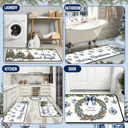 Christmas Kitchen Rugs Set - Blue White Chinoiserie Holiday Mats, 3-Piece