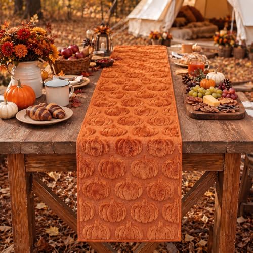 Caramel Fall Table Runner with 3D Pumpkins - 13 x 72 Inches - Thanksgiving Decor