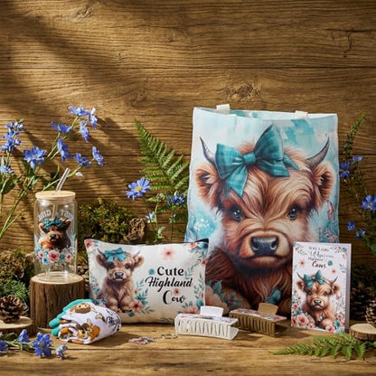 Blue-Green Highland Cow Gift Set with Mug Socks Keychain Cosmetic Bag