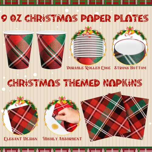 Domensi Plaid Christmas Party Supplies Set for 50 Guests - Paper Plates, Cups & Napkins