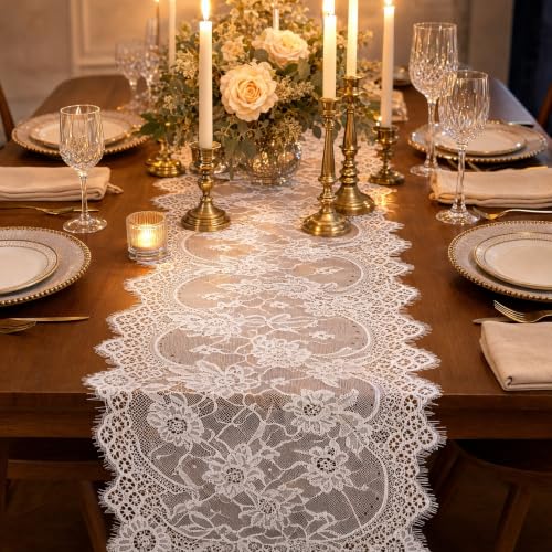 12x120-Inch Off-White Lace Table Runner with Scalloped Edges & Eyelash Trim - Elegant Farmhouse Decor