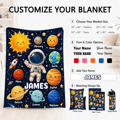 Custom Boys Planet Blanket - White Personalized Flannel Throw for Kids & Teens