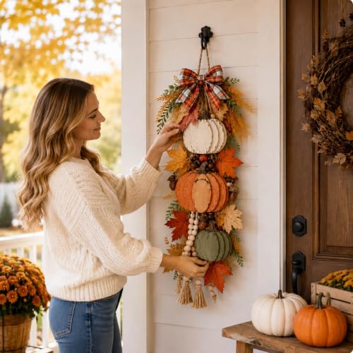 Fall Pumpkin Hanging Swag - Velvet Harvest Pumpkin Decor for Front Door & Porch - Orange2
