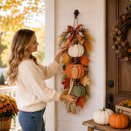 Fall Pumpkin Hanging Swag - Velvet Harvest Pumpkin Decor for Front Door & Porch - Orange2