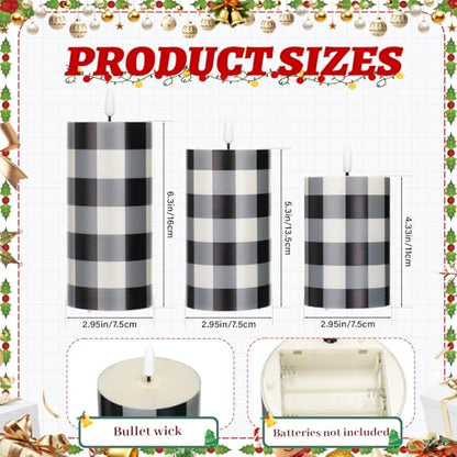 3 Pcs Christmas Buffalo Plaid Flameless Candles - Black & White Holiday Decor