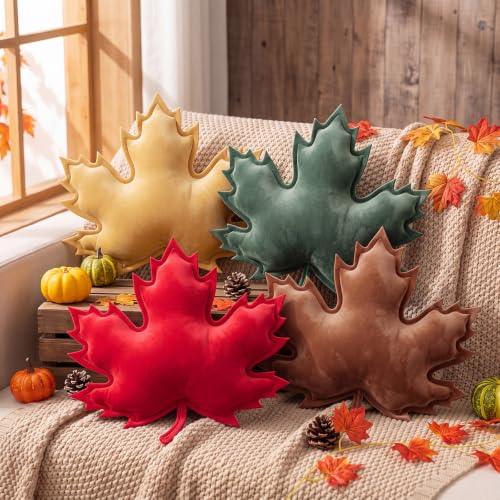 Fall Maple Leaf Plush Throw Pillow Set - Autumn Home Decor 4 Pieces