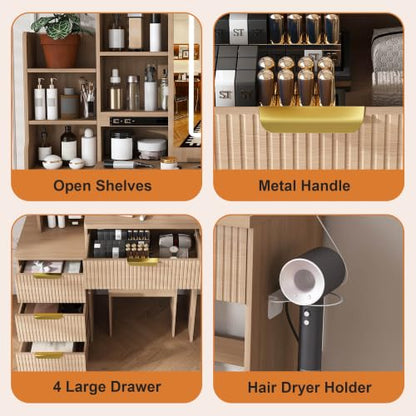 Dressing Table Set with Mirror & Lights, Vanity Desk with 4 Drawers, Hidden Storage, Charging Station - Natural Oak