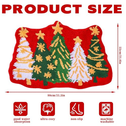 Christmas Bath Mat with Tree Pattern Non-Slip Microfiber Rug - Red Green White