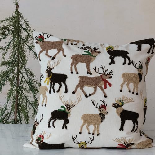 Holiday Square Cotton Pillow with Embroidered Reindeer - Multicolor, 20"